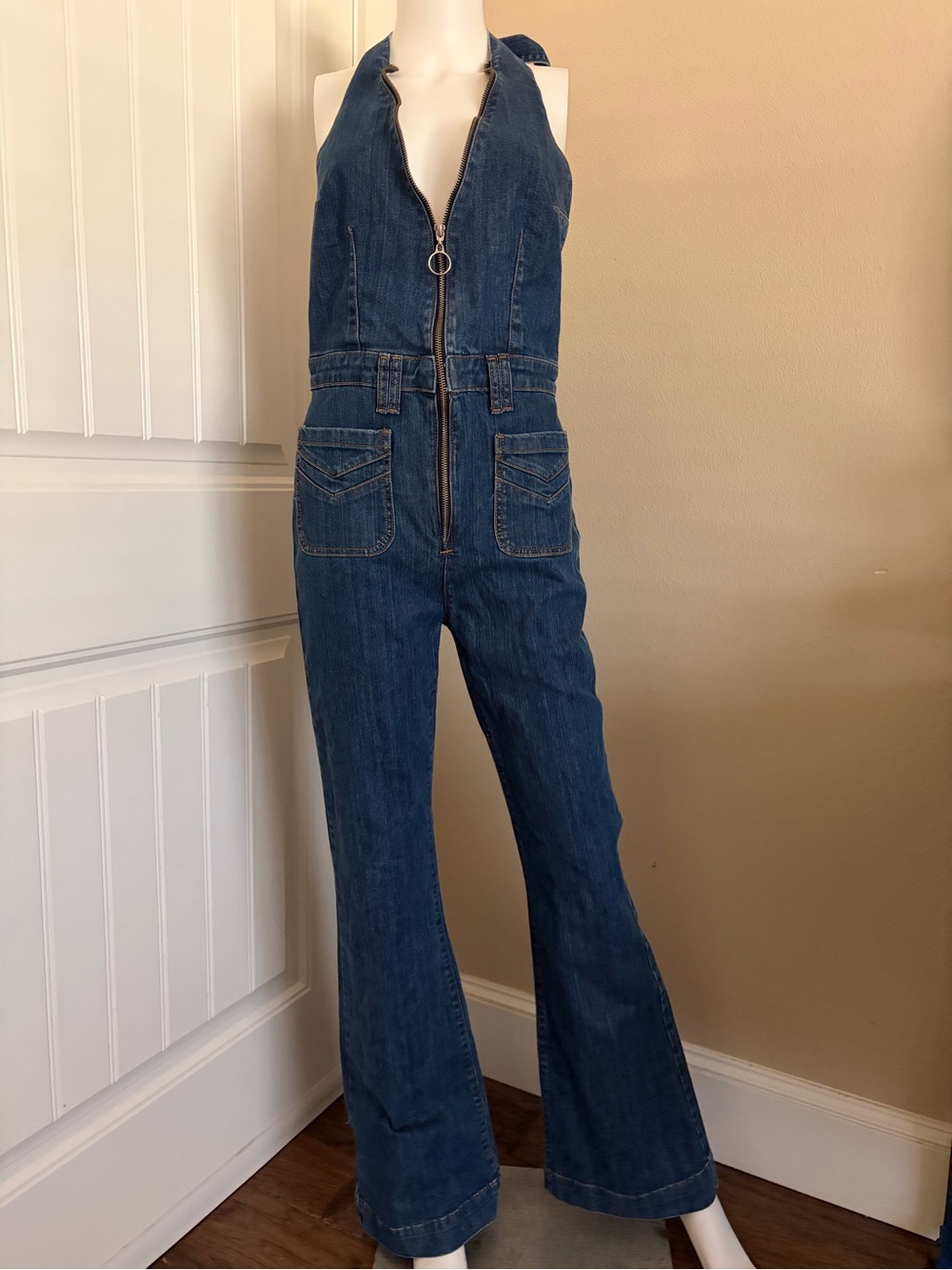 Vintage Inspired Denim Halter Flare Jumpsuit